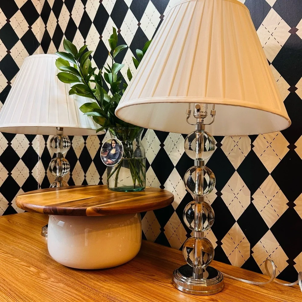 Ralph Lauren Pair‎ Table Lamps Crystal Balls Farrah– Silver Base Elegance Luxury